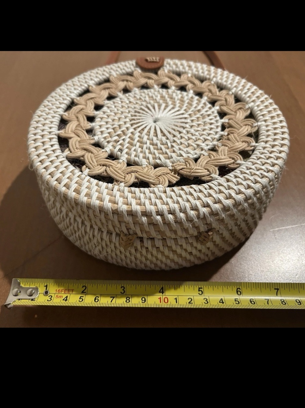 Round Woven Crossbody Bag in Cream and Tan - Picture 5 of 10